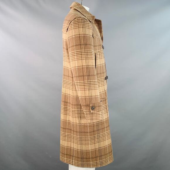 ELEVENTY Size 42 Tan Brown Glenplaid Wool Cashmere Leather Trim Toggle Coat - Picture 3 of 12